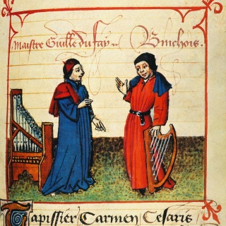 Guillaume Dufay mit einer tragbaren Orgel und Gilles Binchois mit einer Harfe