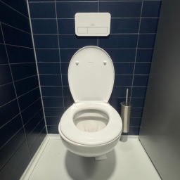 Eine Kloschüssel in einer Toilette mit offenem Deckel