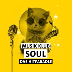 Die Zeichnung eines Kätzchens mit Brille, Saxophon und Mikrofon vor gelbem Hintergrund mit Schriftzug &#034;Musik Klub Soul - Das Hitparädle&#034;